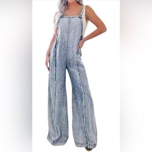 Denim Overalls for Women Casual Adjustable Straps Wide Leg Raw Hem Jeans